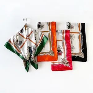 Luxury carriage and chain print satin silk square scarf for women, elegant 90cm head wrap.