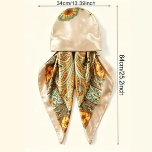 Satin paisley headscarf bonnet with long ties, elegant sun protection silk head wrap.