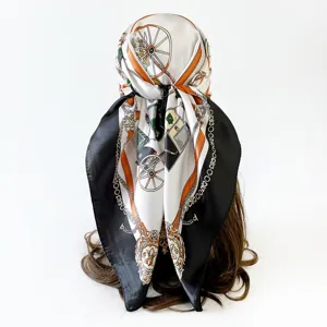 Detailed view of women carriage chain print silk square scarf showing back styling design