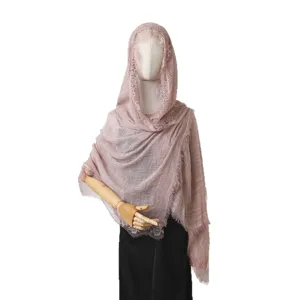 Sciarpa hijab in poliestere cotone tinta unita con delicato bordo in pizzo donna.
