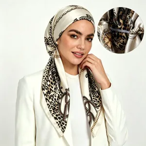 Detailed view of women satin headscarf, leopard chain print, elastic band design, exquisite sewing.