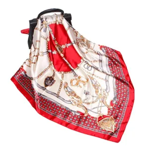 Luxury chain print silk square scarf for women fashion headscarf and bag accessory 90cm