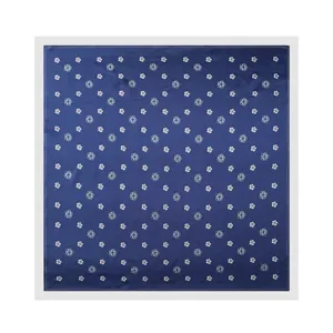 Blue silk scarf detail featuring elegant white camellia flower allover print design.