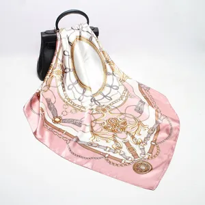 Luxury 90cm silk scarf with vintage chain print baroque design elegant women headwear shawl.