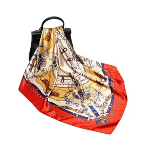 Luxury 90cm square silk scarf with vintage chain print. Elegant women's fashion head shawl.