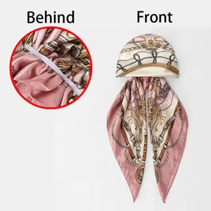 Detailed view of women satin silk headscarf with luxury chain belt print and elastic back.