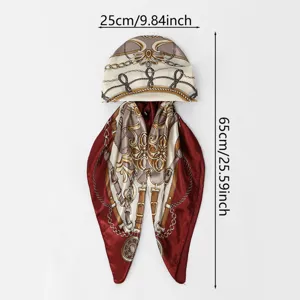 Vintage baroque chain print imitation silk headscarf women fashion red white hair wrap.