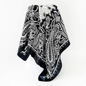 Black and white paisley print satin square scarf, elegant women hair cover and fashion shawl.