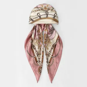 Elegant satin silk printed head scarf with vintage chain design for women detail.