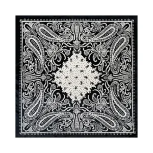 Elegant black and white paisley print satin square scarf, perfect stylish accessory for women.