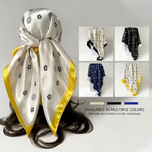 Women Satin Square Scarf Vintage Floral Printed Head Scarf Elegant Fashion Neck Scarf For Daily Commute Wear