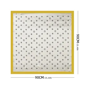 Elegant 90cm square imitation silk scarf with chic clover pattern and yellow border for women.