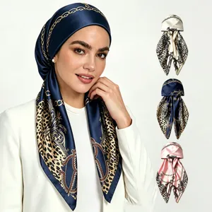 Women Satin Headscarf Leopard Chain Printed Vintage Turban Fashion Hair Accessories Elegant Head Wrap Gift