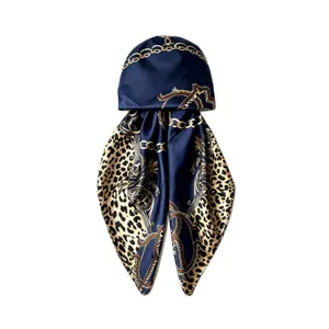 Women's satin silk headscarf featuring chic leopard print and gold chain design for stylish wear.
