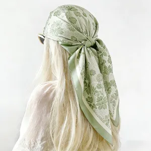 Women's 90cm green floral silk twill square scarf stylish sun protection headscarf accessory
