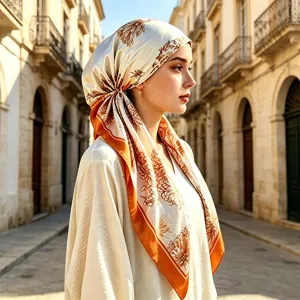 Nahaufnahme des eleganten, floral bedruckten Satin-Quadratschals als stilvolles Kopftuch.