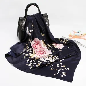 Floral print silk square scarf for women, elegant satin headscarf and neck wrap accessory.
