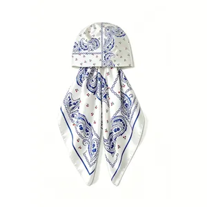 Damen Satin Paisley Print Kopftuch Mütze, elegante blau-weiße seidenähnliche Sonnenschutzkappe.