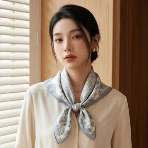 Elegant floral print silk scarf detail, stylish neckwear accessory for women in spring summer.