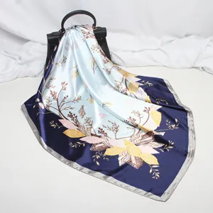 90cm satin silk square scarf with floral shell print, elegant blue women shawl and head wrap.