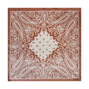 Detailed view of brown paisley silk satin square scarf retro geometric floral pattern accessory
