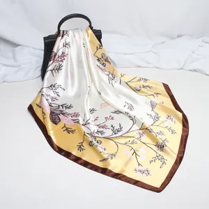90cm botanical satin square scarf, elegant floral print silk-feel women neckerchief shawl.