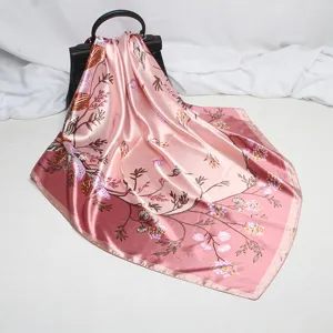 90cm pink satin silk square scarf with elegant floral and branch print for women fashion.