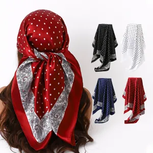 Women Fashion Satin Square Scarf Polka Dot Paisley Print Lightweight Silk Feel Headscarf Shawl For Daily Wear Travel