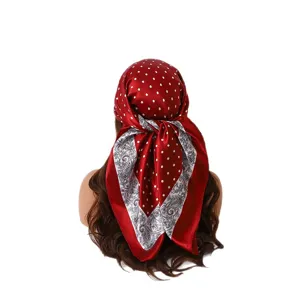 Red polka dot satin square scarf 88cm, elegant floral headscarf and fashion silk shawl.