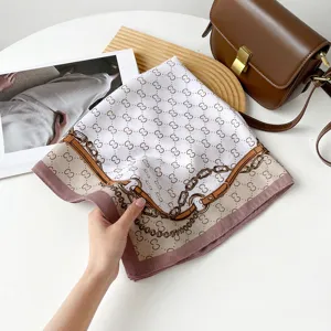 Classic monogram print silk square scarf vintage chain pattern stylish women neckerchief 70cm