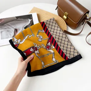 Retro horsebit printed silk scarf, 70cm square head wrap for women, elegant vintage style.
