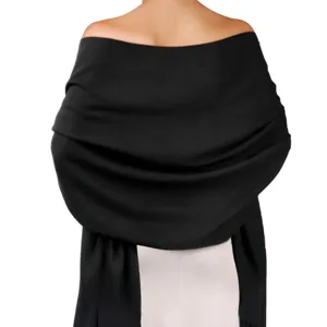 Solid color women imitation cashmere warm shawl winter long scarf black back view display
