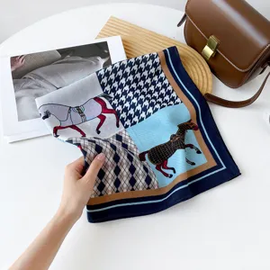 Women 70cm square silk scarf vintage equestrian print houndstooth hair wrap shawl.