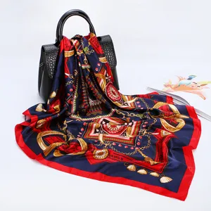 Women satin square scarf luxury baroque chain print 88cm silk feel head wrap fashion shawl.