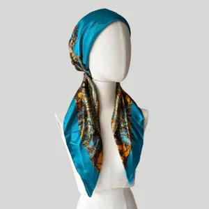 Blaues Satin Paisleydruck Kopftuch Turban für Damen, elegante Sonnenschutz Kopfbedeckung.