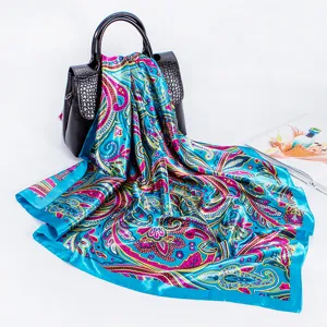 Women 88cm satin square scarf with vibrant paisley floral print, elegant fashion neckerchief.