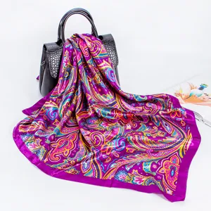 Elegant purple paisley print silk feel satin square scarf for women, fashion hijab neck wrap.