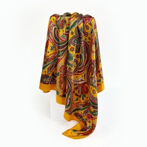 Classic yellow paisley print satin square scarf for women, elegant 90cm large silk-like headwear.