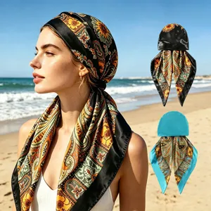 Women Satin Paisley Print Headscarf Cap Vintage Floral Sun Protection Muslim Turbans Fashion Hair Accessories