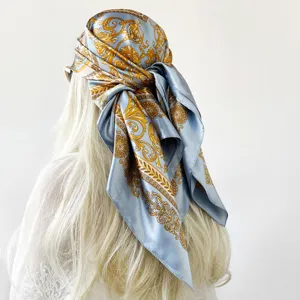 Elegante satijnen sjaal voor dames, 90cm vintage barok hoofddoek en vierkante halsdoek blauw.