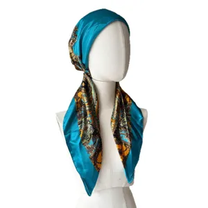 Elegant teal satin paisley headscarf for women, vintage turban cap for daily wear and sun protection.