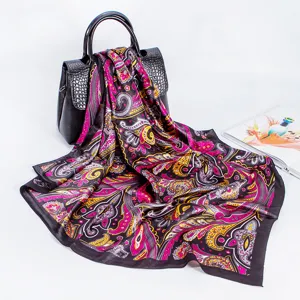 Elegant paisley print square satin scarf for women, soft imitation silk fashion hair scarf wrap 88cm