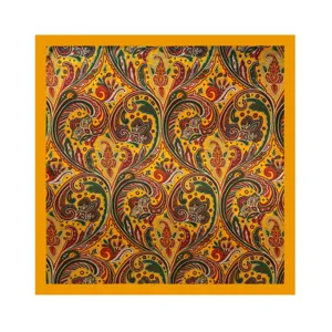 Detailed view of a classic European style paisley print satin square scarf, vibrant multi-color.