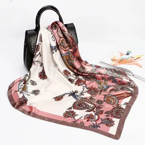 Paisley print 88cm square silk scarf for women, elegant satin head and neck wrap fashion.