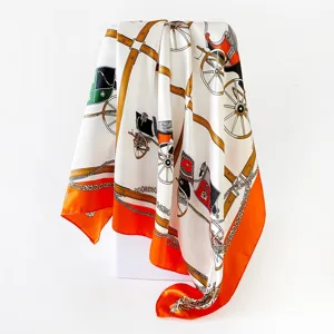 Luxury carriage chain print silk square scarf 90cm elegant women headwear accessory