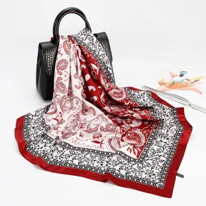 Red and white paisley print 88cm square silk scarf for women, elegant faux satin neckerchief.