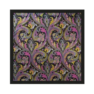 Detailed close up view showing the elegant purple paisley print silk feel square scarf