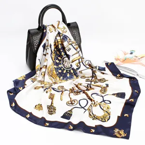 Luxury silk scarf women square satin headwrap baroque key print fashion neckerchief 88cm