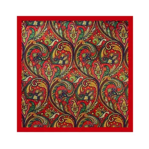 Red paisley print square silk scarf for women, elegant fashion baroque headscarf accessory.