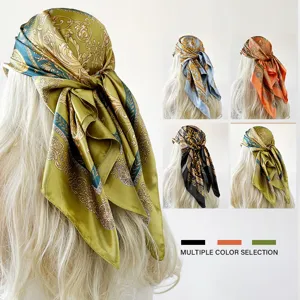 Vrouwen Retro Barok Print Satijn Vierkante Sjaal Mode Luxe Zijde Gevoel Haar Sjaal Chique Hoofddoek Voor Dames
